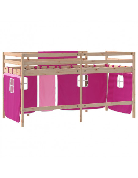 Letto a Soppalco con Tende Bambini Rosa 80x200 cm Massello Pino