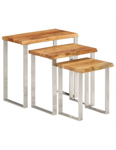 Tavolini a Incastro 3 pz Bordi Vivi in Legno Massello di Acacia