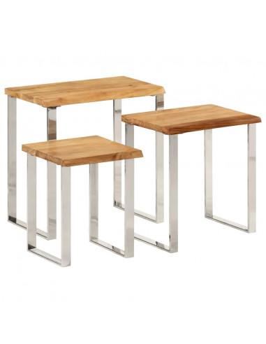 Tavolini a Incastro 3 pz Bordi Vivi in Legno Massello di Acacia