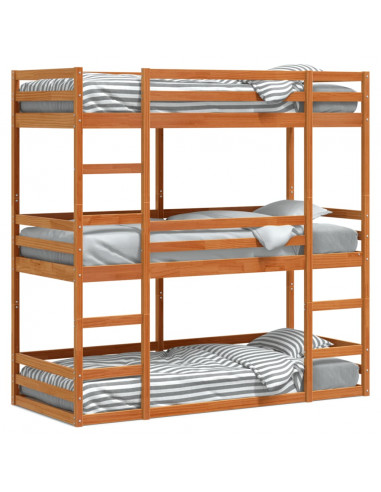 Letto Castello Triplo Marrone Cera 90x190cm Legno Massello Pino