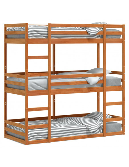 Letto Castello Triplo Marrone Cera 90x190cm Legno Massello Pino