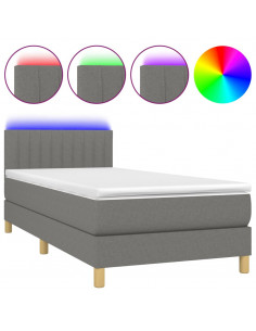 Letto a Molle Materasso e LED Grigio Scuro 100x200cm in Tessuto 2
