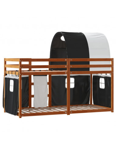 Letto a Castello con Tende Bianco e Nero 90x190cm Massello Pino