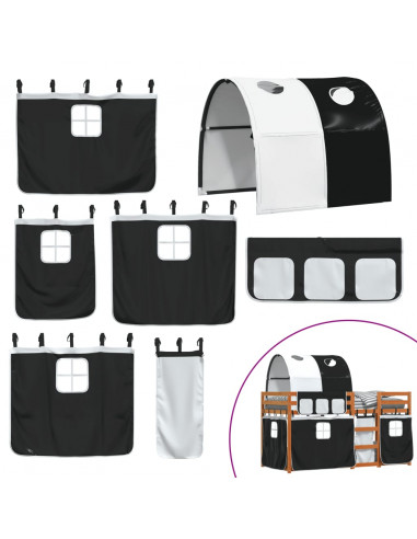 Letto a Castello con Tende Bianco e Nero 90x190cm Massello Pino