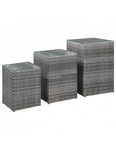 Tavolini Laterale 3 pz con Piano in Vetro Grigi in Polyrattan