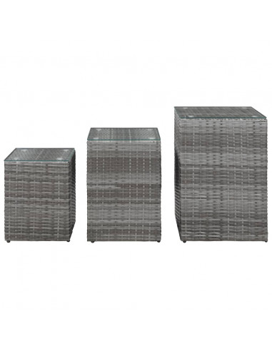 Tavolini Laterale 3 pz con Piano in Vetro Grigi in Polyrattan