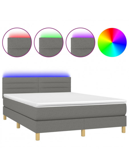 Letto a Molle Materasso e LED Grigio Scuro 140x200cm in Tessuto