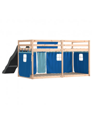 Letto a Castello con Scivolo e Tende Blu 90x200 cm