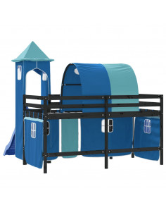 Letto a Soppalco con Torre Bambini Blu 90x190cm Massello Pino 2