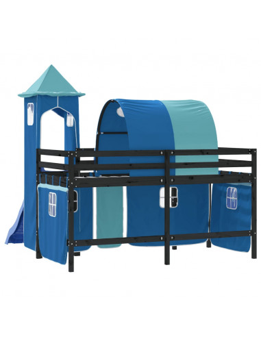 Letto a Soppalco con Torre Bambini Blu 90x190cm Massello Pino