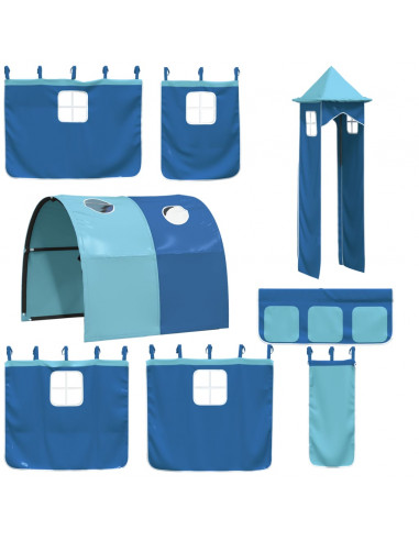 Letto a Soppalco con Torre Bambini Blu 90x190cm Massello Pino