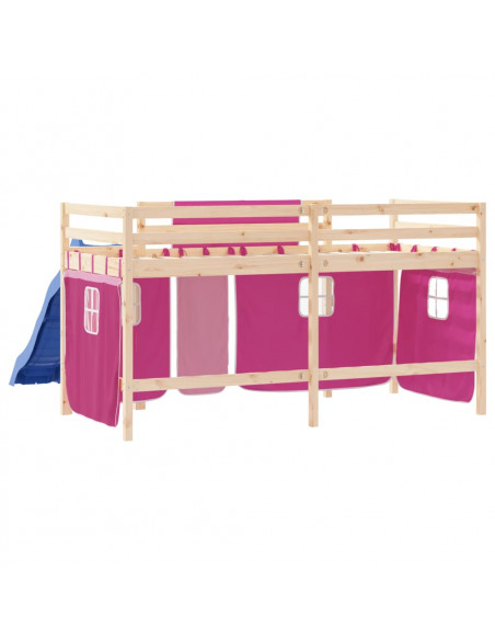 Letto a Soppalco con Tende Bambini Rosa 80x200 cm Massello Pino