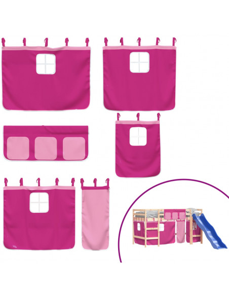 Letto a Soppalco con Tende Bambini Rosa 80x200 cm Massello Pino