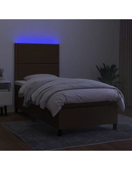 Letto a Molle Materasso e LED Marrone Scuro 90x200cm in Tessuto