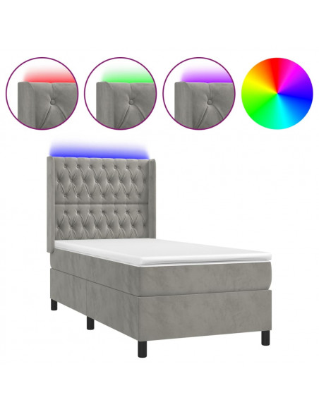 Letto a Molle Materasso e LED Grigio Chiaro 100x200 cm Velluto