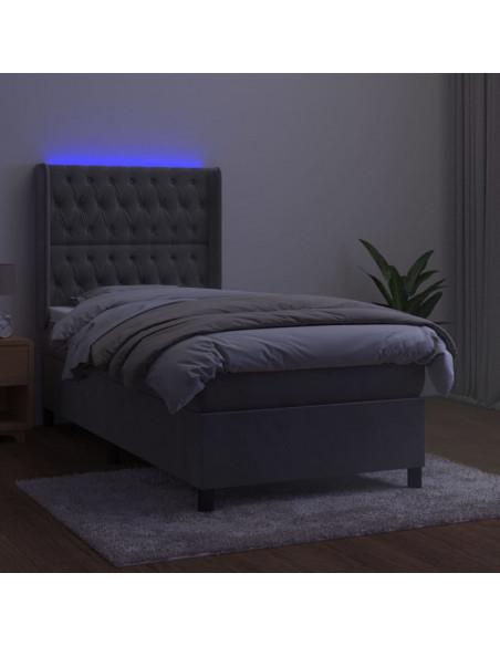 Letto a Molle Materasso e LED Grigio Chiaro 100x200 cm Velluto