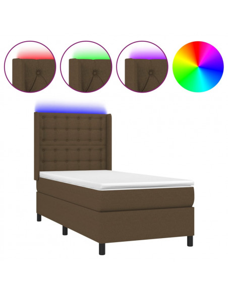 Letto a Molle Materasso e LED Marrone Scuro 90x190cm in Tessuto