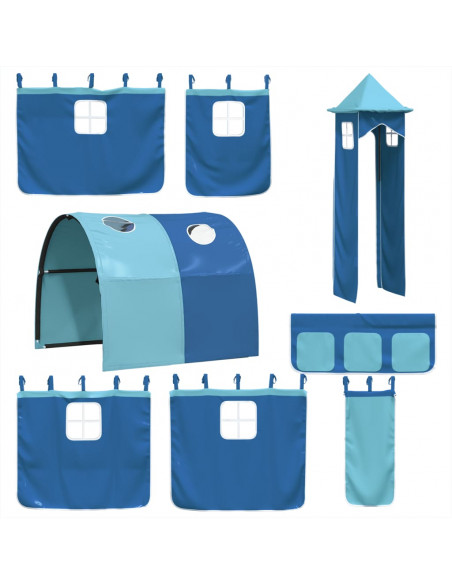 Letto a Soppalco con Torre Bambini Blu 90x190cm Massello Pino