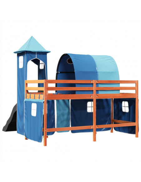 Letto a Soppalco con Torre Bambini Blu 90x190cm Massello Pino