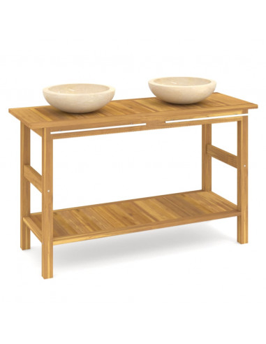 Mobile Vanità Bagno e Lavandini Marmo Crema Legno Massello Teak
