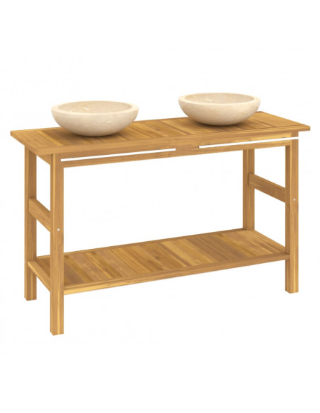 Mobile Vanità Bagno e Lavandini Marmo Crema Legno Massello Teak