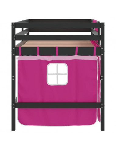 Letto a Soppalco con Tende Bambini Rosa 90x200 cm Massello Pino