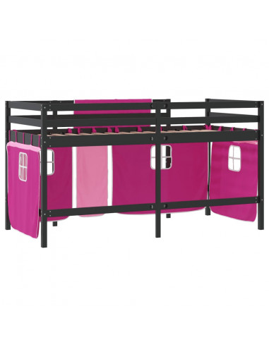 Letto a Soppalco con Tende Bambini Rosa 90x200 cm Massello Pino