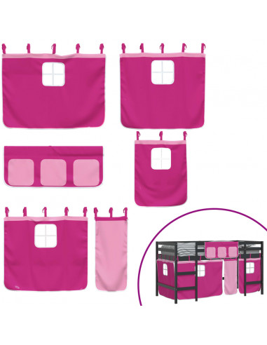 Letto a Soppalco con Tende Bambini Rosa 90x200 cm Massello Pino