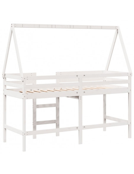 Letto Soppalco con Scala e Tetto Bianco 80x200 cm Massello Pino