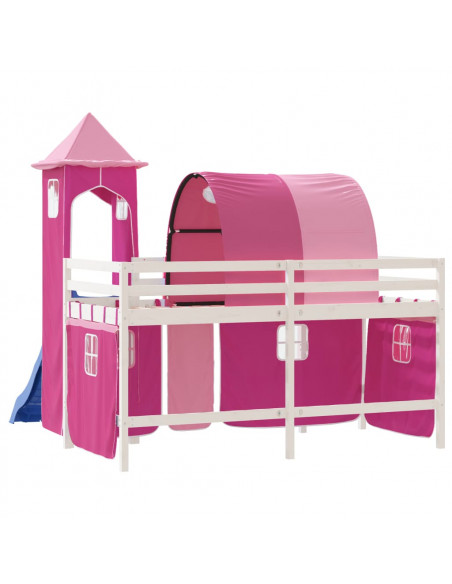 Letto a Soppalco con Torre Bambini Rosa 90x200cm Massello Pino