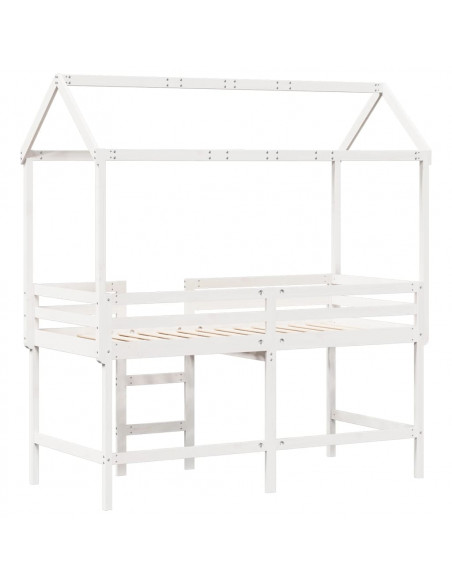 Letto Soppalco con Scala e Tetto Bianco 80x200 cm Massello Pino