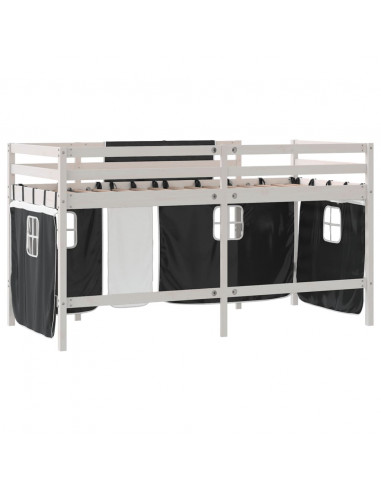 Letto a Soppalco con Tende Bambini Bianco e Nero 90x200 cm Pino