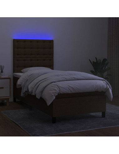 Letto a Molle Materasso e LED Marrone Scuro 90x190cm in Tessuto