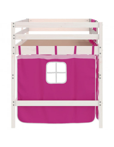 Letto a Soppalco con Tende Bambini Rosa 80x200 cm Massello Pino
