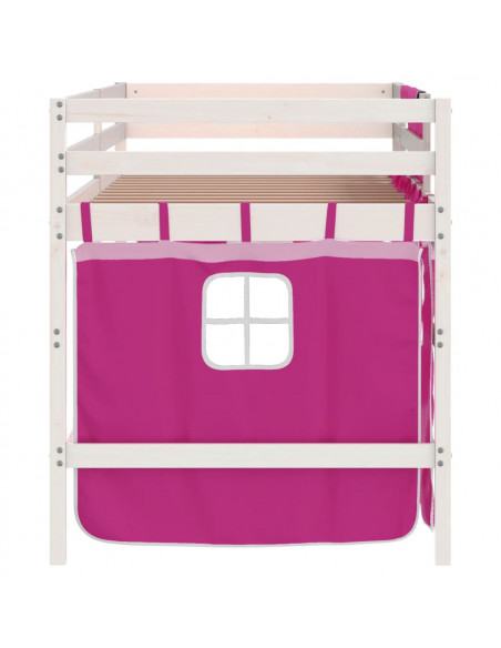 Letto a Soppalco con Tende Bambini Rosa 80x200 cm Massello Pino