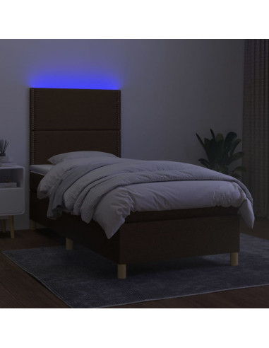 Letto a Molle Materasso e LED Marrone Scuro 90x200cm in Tessuto
