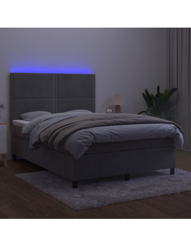 Letto a Molle Materasso e LED Grigio Chiaro 140x190 cm Velluto