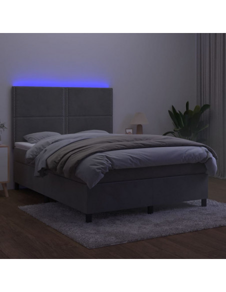 Letto a Molle Materasso e LED Grigio Chiaro 140x190 cm Velluto