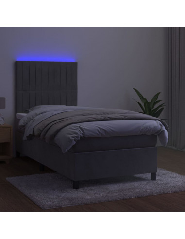 Letto a Molle Materasso e LED Grigio Chiaro 100x200 cm Velluto