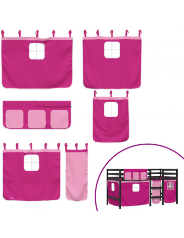 Letto a Soppalco con Tende Bambini Rosa 80x200 cm Massello Pino