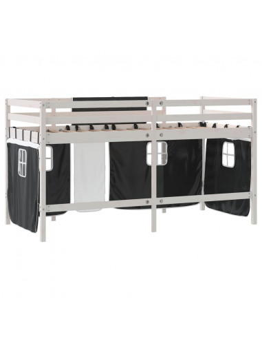 Letto a Soppalco con Tende Bambini Bianco e Nero 80x200 cm Pino