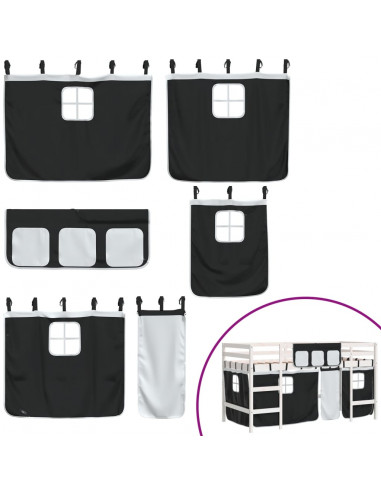 Letto a Soppalco con Tende Bambini Bianco e Nero 80x200 cm Pino