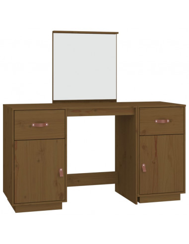 Set Toeletta con Specchio Marrone Miele Legno Massello di Pino