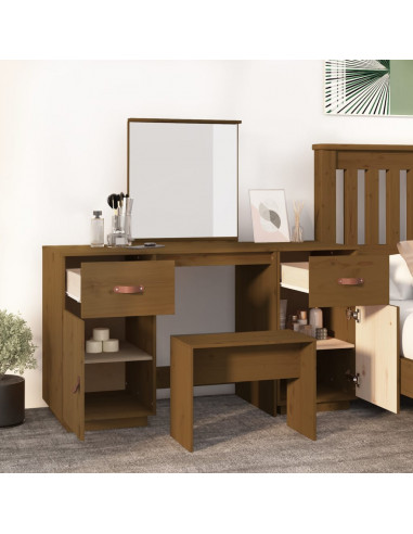 Set Toeletta con Specchio Marrone Miele Legno Massello di Pino