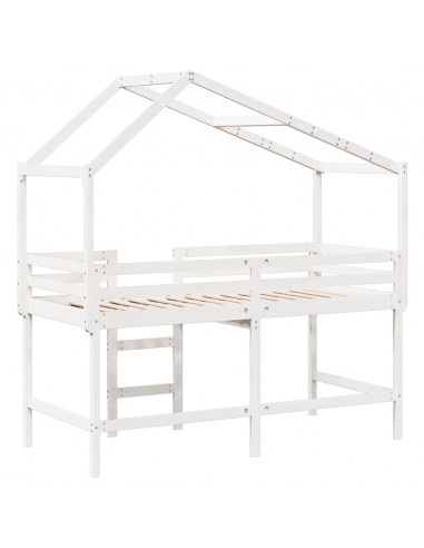 Letto Soppalco con Scala e Tetto Bianco 90x190 cm Massello Pino