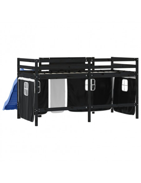 Letto a Soppalco Bambini con Tende Bianco e Nero 90x190 cm Pino