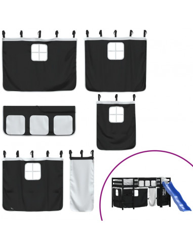 Letto a Soppalco Bambini con Tende Bianco e Nero 90x190 cm Pino