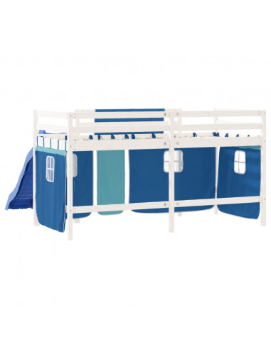 Letto a Soppalco con Tende Bambini Blu 80x200 cm Massello Pino