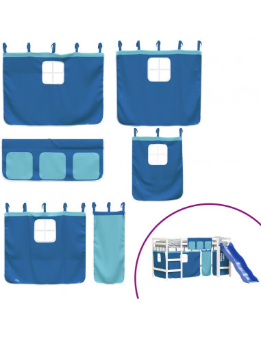 Letto a Soppalco con Tende Bambini Blu 80x200 cm Massello Pino