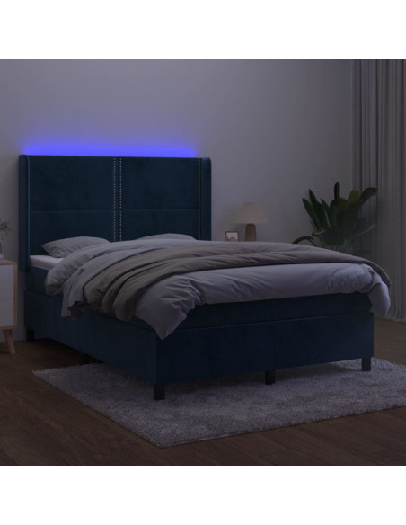 Letto a Molle con Materasso e LED Blu Scuro 140x190 cm
